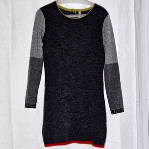 Eva & Claudi Gray Wool Blend Back Button Animal Print Trim Colorblock Knit Dress